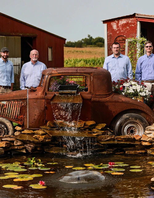 joseph porter and associates team portrait shot at small pond with old buggy